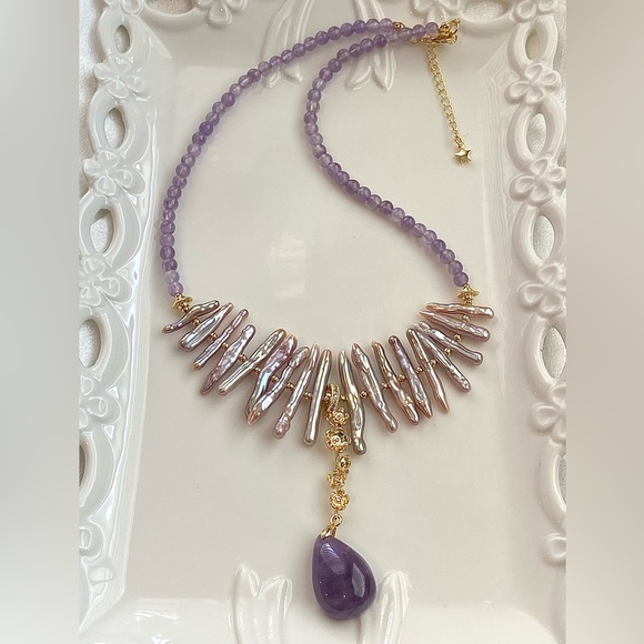 GP35-Handmade Purple Chopstick Pearl And Amethyst Necklace - Picture 4 of 13